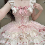 Japoni&scaron;ka saldi lolita Jsk tinklelio suknelė moterims Kawaii nėriniai kaspinas raukiniai arbatos vakarėlio suknelės Harajuku miela rožinė princesės mini tortas XL