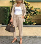 Retro sutrumpintas lininis haremų kelnių komplektas su diržu - Laisvas kirpimas, Vientisa spalva XXXL chaki
