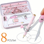 8 vnt./rinkinys, liniuotė, skriestuvas, pie&scaron;tukų rinkinys, geometrijos, matematikos, pie&scaron;imo ra&scaron;tinės reikmenys, mokyklinės prekės 1 set pink