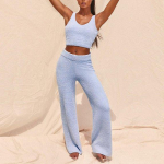 Moterų mados vienspalvis pliu&scaron;inis megztinis V formos i&scaron;kirpte megztas liemenės apkarpytas vir&scaron;us ir ilgos kelnės dviejų dalių kostiumas M