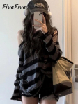 FiveFive Deeptown Gothic Streetwear dryžuotas megztas megztinis Moteri&scaron;kas Harajuku Punk Hollow Out džemperis Hole Laisvi universalūs palaidinės Grunge E-girl XL juoda pilka spalva