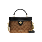 COACH Kay 20 Klasikinis pilno spaudinio logotipas Dėžutės formos rankinė Vienos peties Crossbody rankinė PVC su odine rankena Maža moteri&scaron;ka Juodai ir rudai dėmėtas ra&scaron;tas Basic Set (Bag+Dust Bag) ruda/juoda