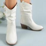 Balti kauboji&scaron;ki batai moterims, 2024 m. rudens žiema, stambūs auk&scaron;takulniai, klostuoti kulk&scaron;nies batai, moteri&scaron;ki vintažiniai smailianosiai Western Cowgirl Botas 42 balta