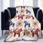 Flanelinis Fleece pledas sofai, gėlių &Scaron;vedijos Dala arkliukai, lengvas pliu&scaron;inis, mink&scaron;tas, jaukus pledas, lovai, sofai 150x200cm