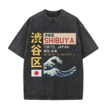 2026 Shibuya Tokijas Japonija Kanji Didžioji banga prie Kanagavos Grafinis Juodas Rūg&scaron;timi skalbtas mar&scaron;kinėlis Vintažinis Japonijos miesto koordinatės Atsitiktinis S black