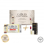 Gold Collagen Glow rinkinys (AGELESS geriamas kolagenas + Velvet Rogue lūpdažis) eleganti&scaron;koje dėžutėje. Nemokamas pristatymas