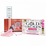 Gold Collagen vasaros rinkinys. Gold Collagen PURE PLUS dėžutė + Hydra Essence veido serumas + dovana GUA SHA (rožinio kvarco) akmuo