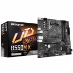 Gigabyte   B550M K 1.0 M/B   Processor family AMD   Processor socket AM4   DDR4 DIMM   Memory slots 4   Supported hard disk drive interfaces  SATA, M.2   Number of SATA connectors 4   Chipset AMD B550   Micro ATX