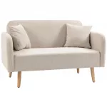 Dvivietė sofa, modernaus dizaino, su 2 pagalvėmis, medinėmis kojelėmis, 130 x 70 x 80 cm, kreminė