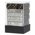 Chessex Opaque 12mm d6 with pips Dice Blocks (36 Dice) - Black w/gold (Kauliukai)