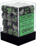 Chessex Gemini 12mm d6 Dice Blocks with pips Dice Blocks (36 Dice) - Black-Grey w/green (Kauliukai)