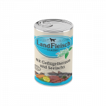 LandFleisch &scaron;unų konservai su pauk&scaron;tienos &scaron;irdelėmis ir menkių mėsa, 400 g