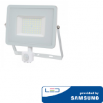 50W LED prožektorius V-TAC, 3000K (&scaron;iltai balta), su judesio davikliu, baltu korpusu, SAMSUNG LED chip