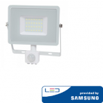 30W LED prožektorius V-TAC, 6400K (&scaron;altai balta), su judesio davikliu, baltu korpusu, SAMSUNG LED chip