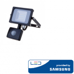10W LED prožektorius V-TAC, 3000K (&scaron;iltai balta), su judesio davikliu, juodu korpusu, SAMSUNG LED chip