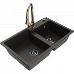 Mexen Tomas granitinė dviejų kamerų plautuvė su Elia virtuvės mai&scaron;ytuvu, juoda/auksinis metalikas - 6516-75-670101-50-B