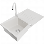 Mexen Cesar granito plautuvė su vienu dubeniu, la&scaron;intuvu ir virtuviniu čiaupu Telma, balta - 6514-20-670200-20