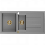 Mexen Andres granitinė plautuvė 1,5 skylių su drenažu 1000 x 500 mm, pilka, aukso spalvos sifonas - 6515101510-71-G