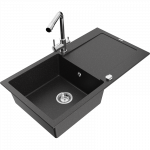 Mexen Leo granito kriauklė su viena kamera ir nutekėjimo lentyna bei virtuviniu mai&scaron;ytuvu Duero, juodas/sidabrinis metalikas - ?