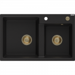 Mexen Tomas granito plautuvės dviem dubenims 800 x 500 mm, juoda, auksinis sifonas - 6516802000-77-G