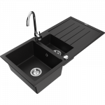 Mexen Andres 1,5 dubenų granitinė virtuvės kriauklė su nusausinimo lentyna ir virtuvės mai&scaron;ytuvu Telma, juoda - 6515-77-670200-?