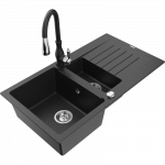 Mexen Matias granito kriauklė 1,5 kambarinė su drenažu ir virtuvės čiaupu Savita, juodas/sidabrinis - 6502-73-672601-70