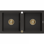 Mexen Mario granitinė 2 skylių virtuvės kriauklė 820 x 436 mm, juodas/auksinis metalikas, auksinis sifonas - 6504822000-75-G