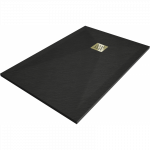 Mexen Stone+ kompozitinis stačiakampis du&scaron;o padėklas 80 x 70 cm, juodas, auksinė uždanga - 44707080-G