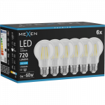 Mexen Vintis 6x LED siūlo lemputė E27, A60, 6W, &Scaron;altai balta - 6500K, 720 lm, skaidri - L150-E27-0665-00x06