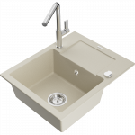 Mexen Enzo granito kriauklė 1 skyriuje su nusausinimo zona ir Flora virtuvės mai&scaron;ytuvu, smėlio spalvos - 6506-69-670401-00