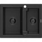 Mexen Carlos 1,5 skylių granitinė kriauklė, 582 x 475 mm, juoda/sidabrinio metalo, juodas sifonas - 6518581500-73-B