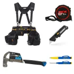 ToughBuilt įrankių diržo komplektas su petne&scaron;omis, plaktukas 570 g, ruletė 5 m, peilis ir Bleispitz pie&scaron;tukas