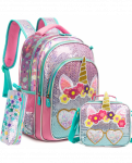 3 dalių rinkinys mokyklinės kuprinės mergaitėms Unicorn Pink Sequins Vandeniui atsparios vaikų kuprinės mokyklinės kuprinės
