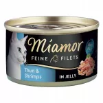 Konsservuotas kačių maistas Miamor Feine Filets, tunas su krevetėmis drebučiuose, 100 g