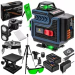 Kryžminis 4D 360&deg; žalias lazerinis nivelyras su 2 akumuliatoriais ir trikoju
