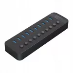 USB &scaron;akotuvas, 10&times; USB-A, 5 Gb/s, su atskirais jungikliais, juodas