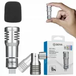 Belaidis mini USB-C mikrofonas Boya BY-P4U, sidabrinis, su visakrypte garso fiksacija