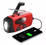 Radijo imtuvas su saulės ir rankiniu įkrovimu, 4000 mAh akumuliatoriumi, žibintuvėliu ir i&scaron;orine baterija, raudonas