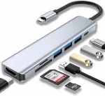 USB-C dokų stotelė, 7 jungtys, 4K HDMI, 2x USB 3.0, 100W, SD/TF kortelių lizdai, aliuminis