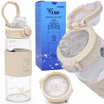 Stiklinis butelis 580ml VIXO su nutekėjimo apsauga, sieteliu ir plienine rankena