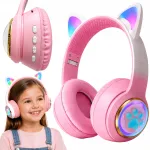 Belaidės ausinės vaikams su LED katės ausytėmis, juodos, Bluetooth 5.0