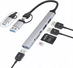 USB-C adapteris DA614, 5 jungtys: USB 3.0, SD, TF kortelių skaitytuvas, pilkas