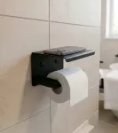Tualetinio popieriaus laikiklis su lentynėle, juodas, tvirtinamas prie sienos
