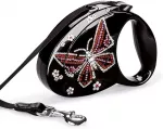 Automatinis FLEXI pavadėlis su Swarovski drugeliu, juodas, S dydis