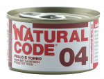 NATURAL CODE 04 vi&scaron;tienos ir tuno konservai katėms, 85 g