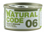 NATURAL CODE 06 vi&scaron;tienos ir daržovių konservai katėms, 85 g
