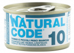 NATURAL CODE 10 tuno ir baltųjų žuvų konservai katėms, 85 g