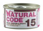 NATURAL CODE 15 vi&scaron;tienos, daržovių ir kepenėlių konservai katėms, 85 g