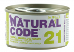 NATURAL CODE 21 tuno, ėrienos ir bulvių konservai katėms, 85 g