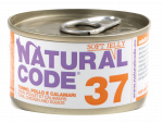 NATURAL CODE 37 tuno, vi&scaron;tienos ir kalmarų konservai katėms, 85 g